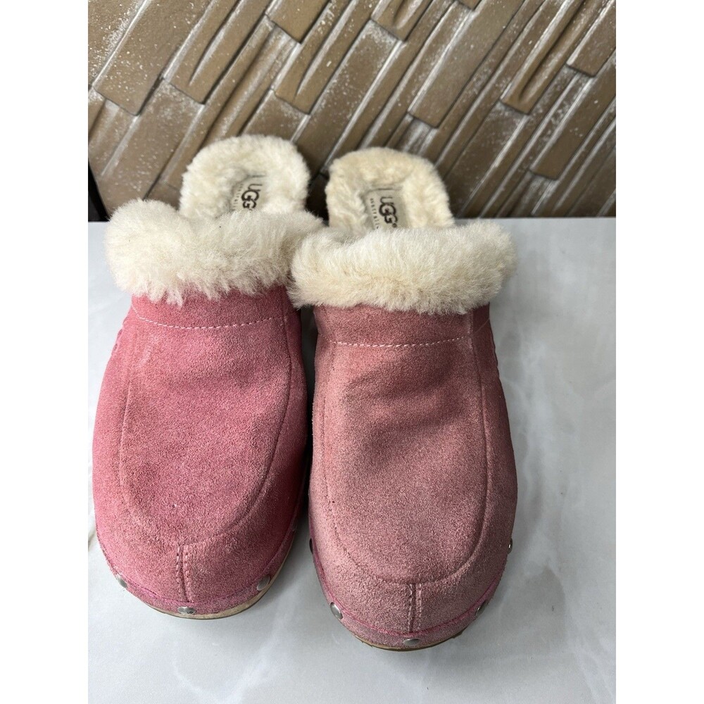 UGG Women Sz 8 Kalie Pink Suede Leather Mule Clog Heels Shoes Fur Wool Shearling - Picture 5 of 9
